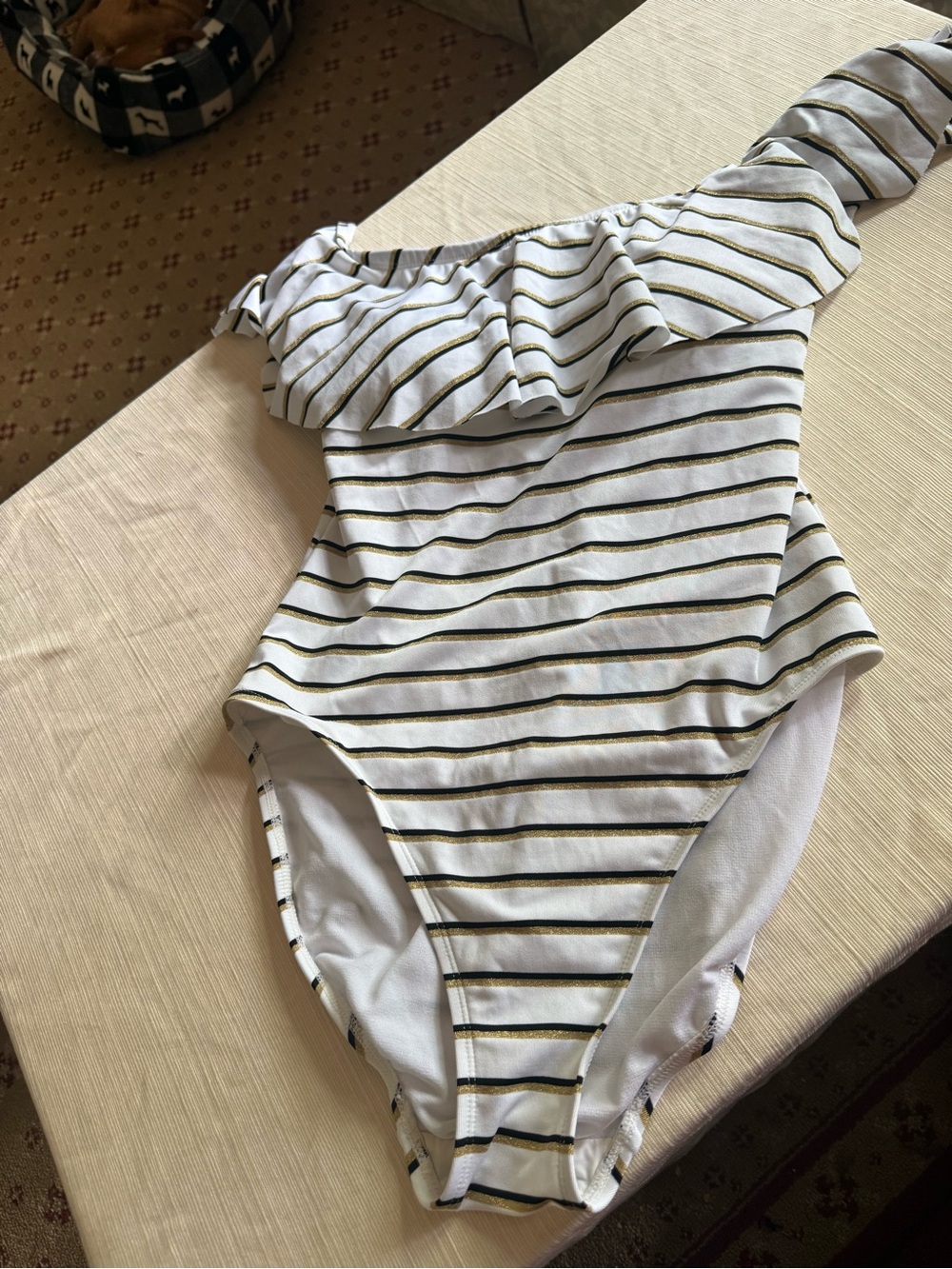 Ralph Lauren White One-Shoulder Striped Ruffle One-Piece